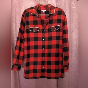 Flannel BarIII Red/Black Plaid Studded Snap Button Shirt Country Meets Punk Rock